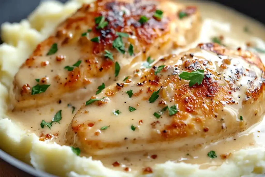 Creamy garlic chicken in a skillet with mashed potatoes